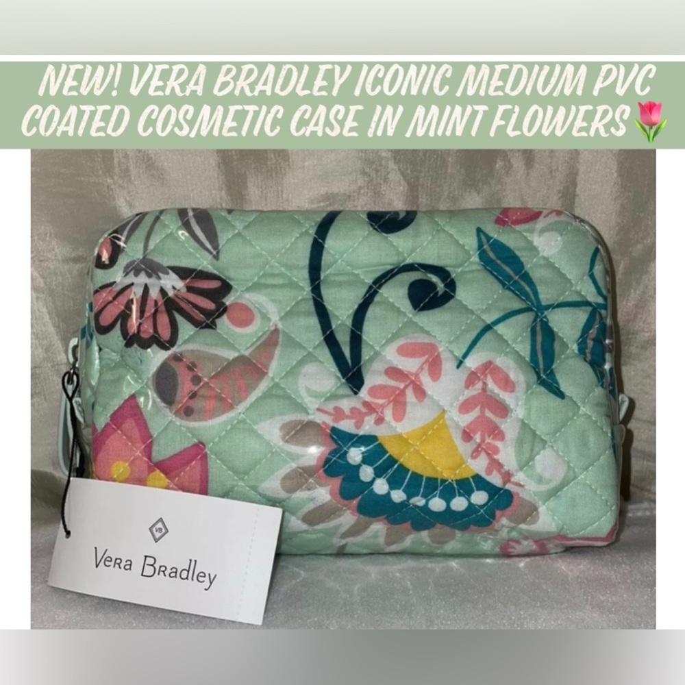 New! Vera Bradley Iconic Medium PVC Coated Cosmetic Case In Mint Flowers🌷